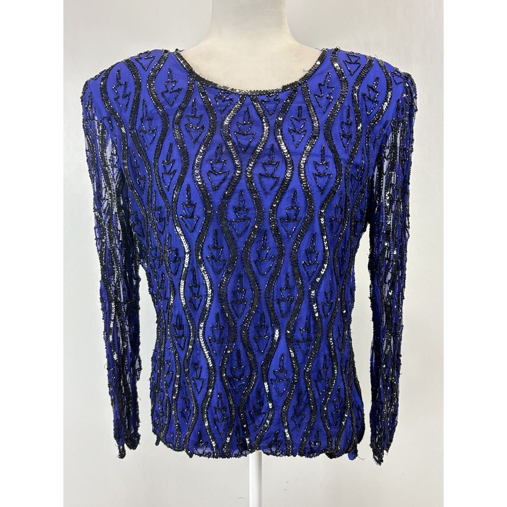 Women's Vtg Stenay Silk Beaded Blouse Size Large Blue Black Mesh Sleeves READ